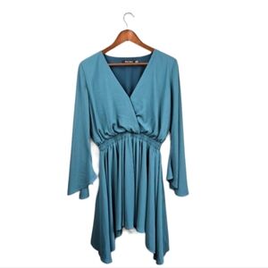 WELLS GRACE Flowy Bell Sleeves V-neck Mini Dress Blue/Teal Womens Sz M